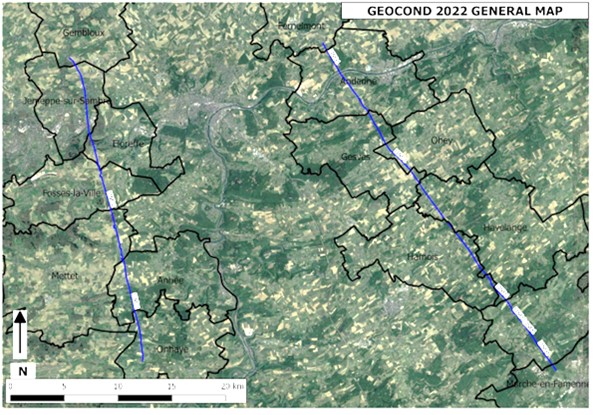 Figure 1 - Carte des tracés des lignes 1 et 2 de GEOCOND2022 et les 15 communes traversees.jpg