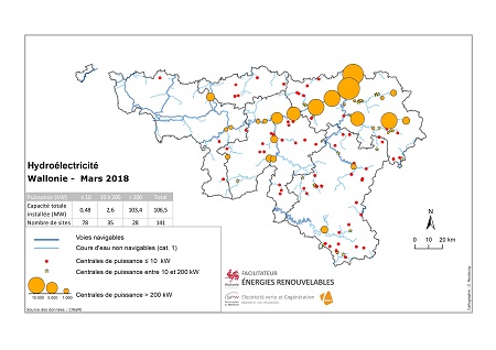 Carte des centrales hydroélectriques de Wallonie - mars 2018